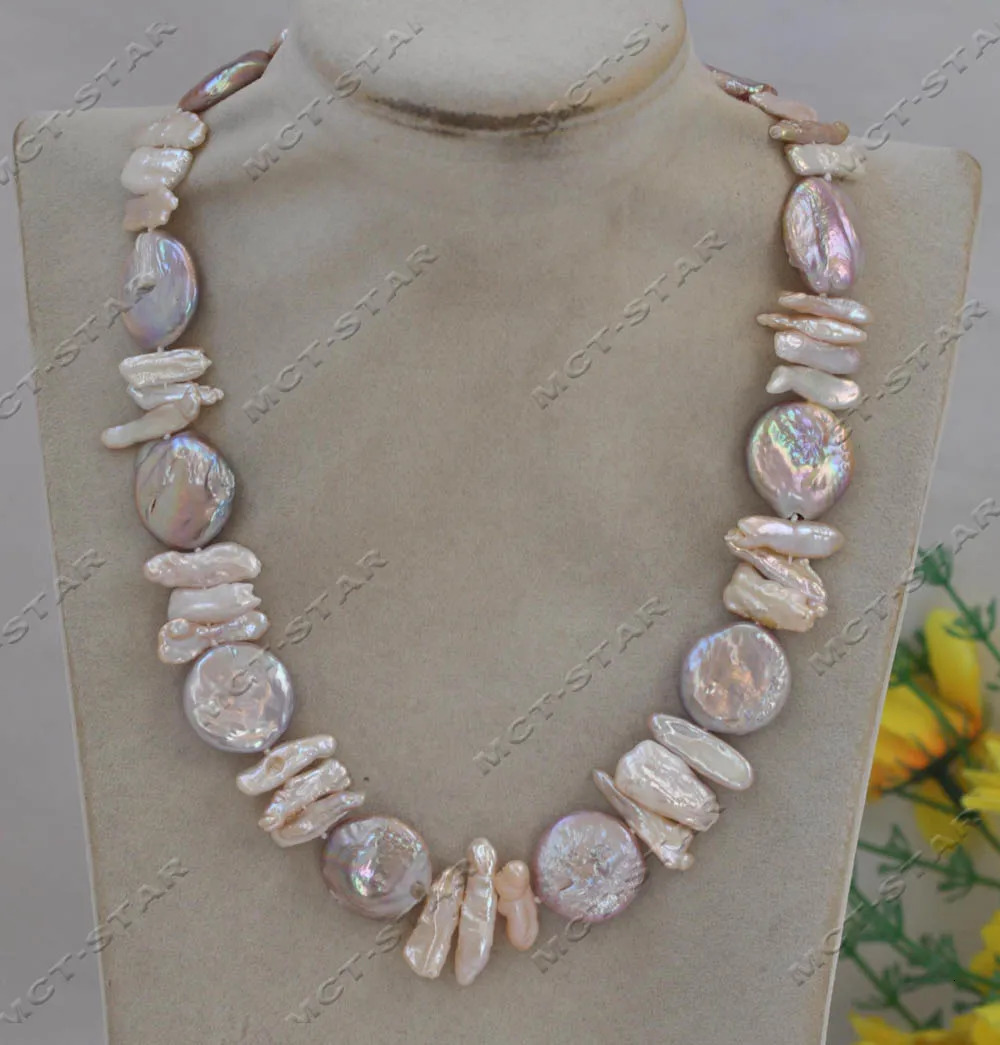 Z13050 Set Natural 20mm Pink Lavender Baroque Coin Pipa Pearl Necklace Bracelet Earrings 241115