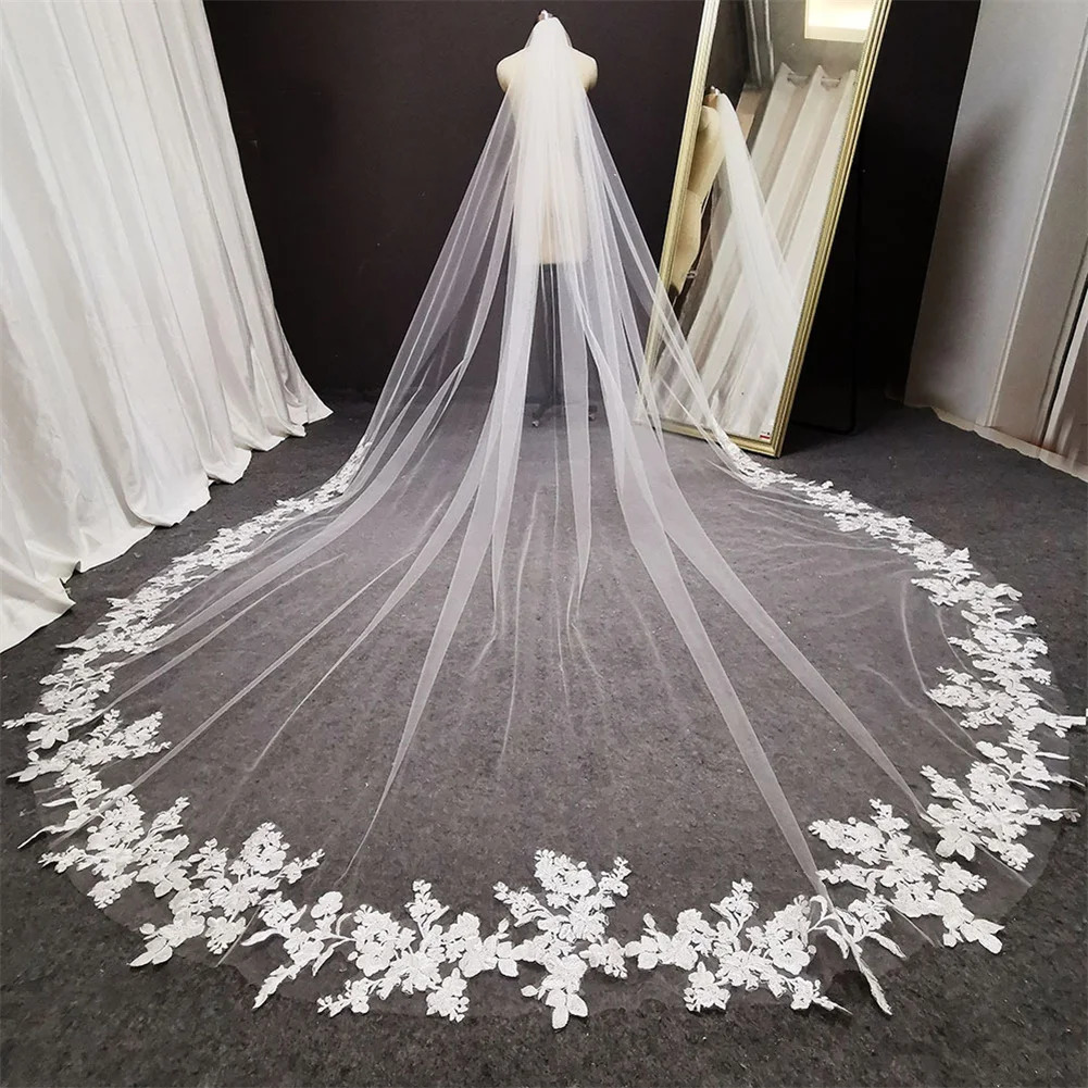 Long lace wedding veil 3D embroidery flower long white cathedral style bridal veil comb wedding accessories bridal headwear 241115