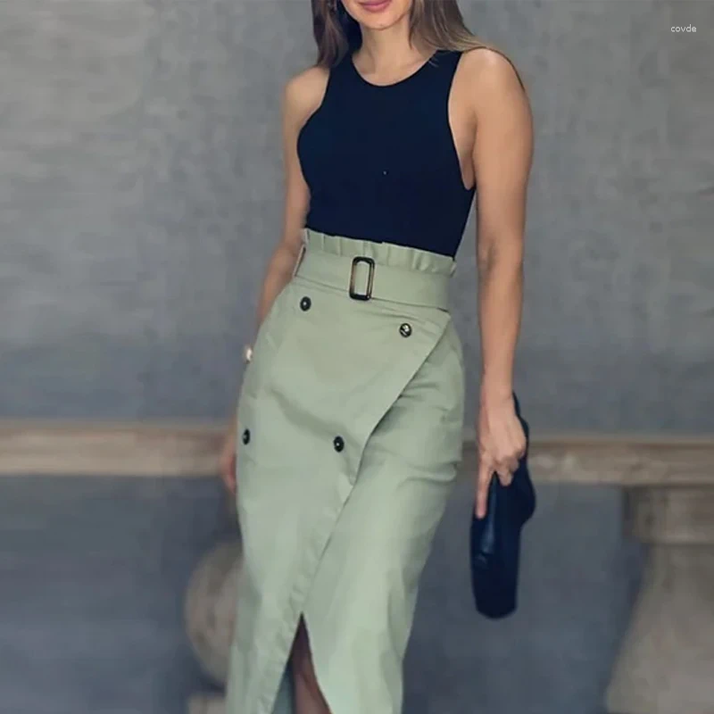 Work Dresses Wefads Women Two Piece Set Solid Sleeveless Round Neck Pullover Tank Top A E Irregular With Button Slit Midi Dress Sets