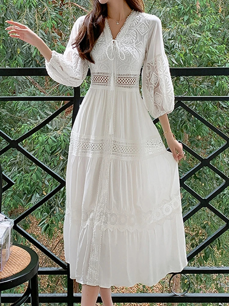 White Long Dress Women Summer Boho Lace Dresses Female Beach Holiday Hollow Out Ladies Elegant Vintage Loose Vestidos 240415