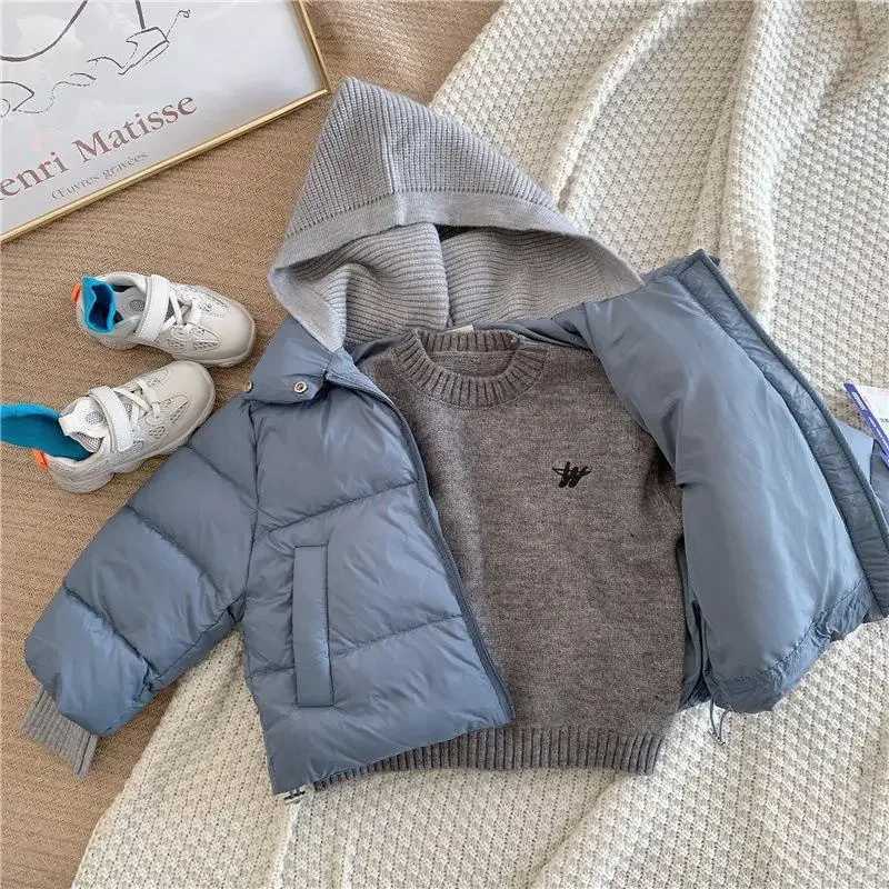 New winter baby toddler boy Korean style knitted splicing work hooded jacket thick coat outdoor wear for 2-7 years X241115