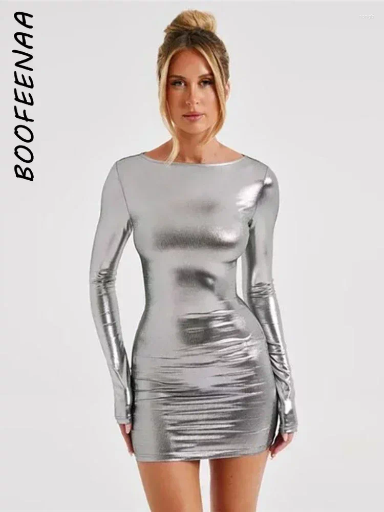 Casual Dresses BOOFEENAA Gray Metallic Long Sleeve Bodycon Dress Fashion Fall Winter Short For Women Party Night Club Outfits C70-BF19
