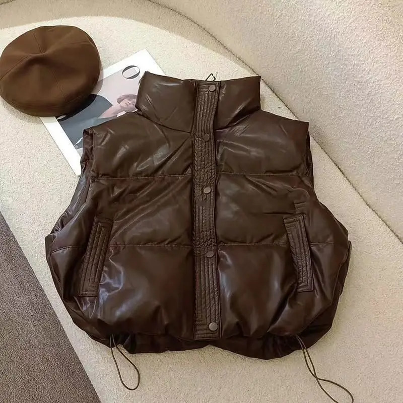Down Insulated Vest PU Leather Short Vests for Women Trend Middle-aged Womens Clothing Office Street Style Outerwear XK85 241114