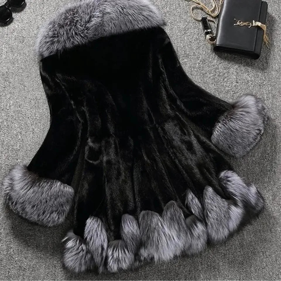 Womens Mink Fox Fur Hooded Coat Long Loose CoatCasual Slim TemperamentAutumn and Winter Promotional Fashion 241115