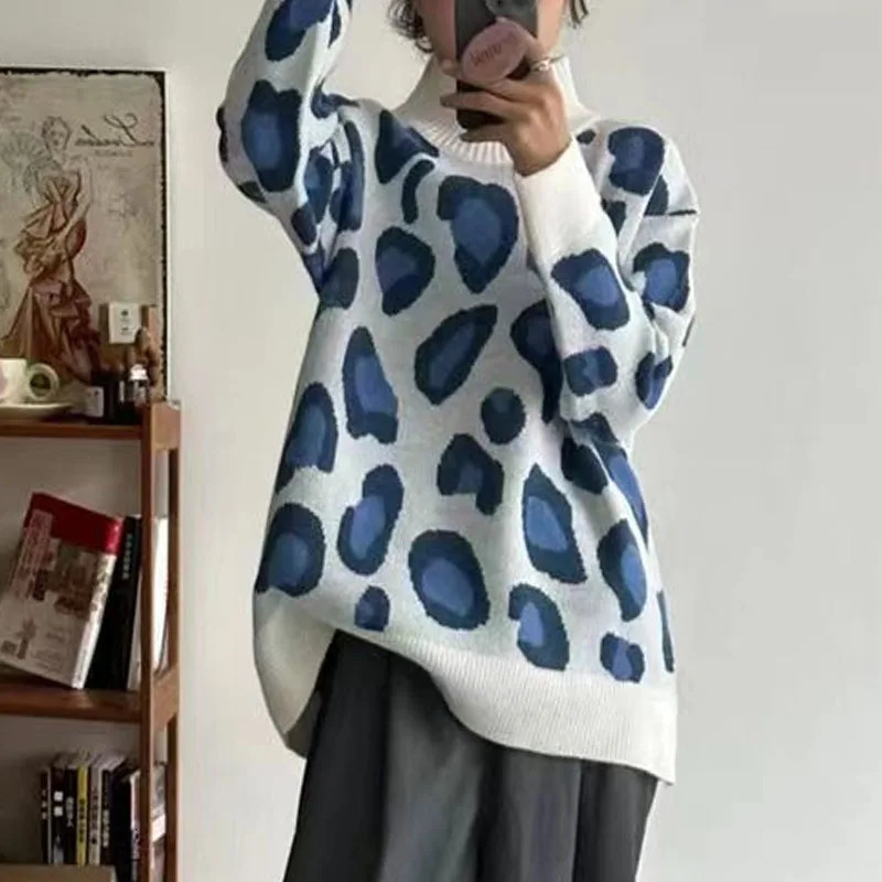 autumn and winter fashion trend French leopard print semi high neck loose fit slimming womens long sleeved sweater 241115