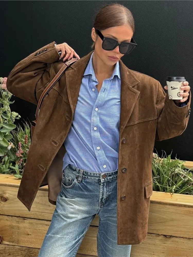 Vintage Brown Womens Jacket Classic Casual Turndown Collar Jackets Autumn Winter Fashion Women Coat Retro Solid Color Outerwear 241115