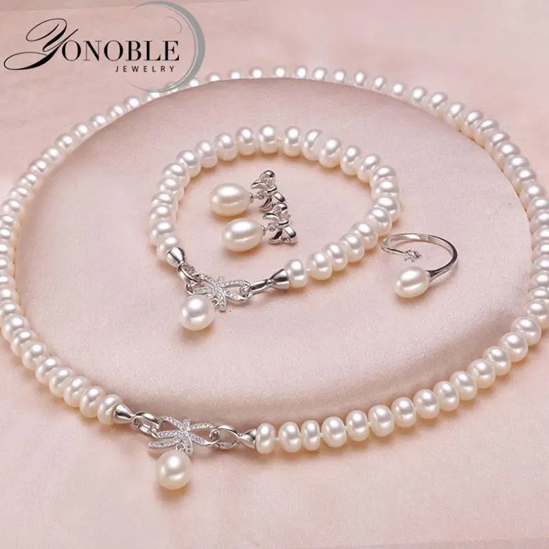 Womens wedding pearl jewelry set 925 sterling silver natural pearl necklace and earring set wifes engagement birthday 241115