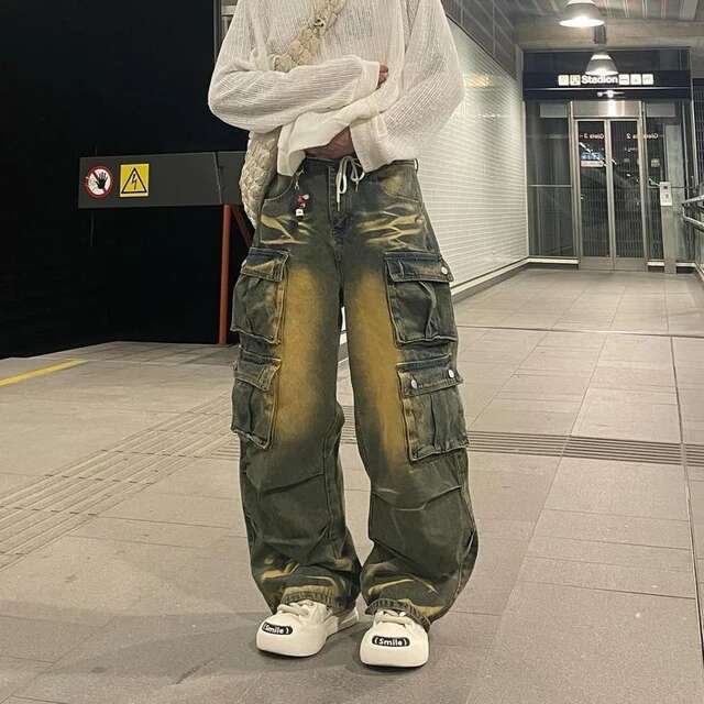 Y2k Hip Hop Retro Streetwear Mens Jeans Distressed Faded Washed Oversized Pockets Loose Cargo High Street Wide Leg Pants