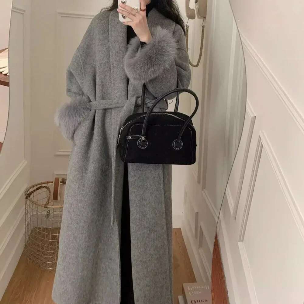 Cuffs Long Woolen Real Fox Fur Jacket Female 2024 Autumn Winter New Bathrobe Double-Sided Cashmere Coat Women