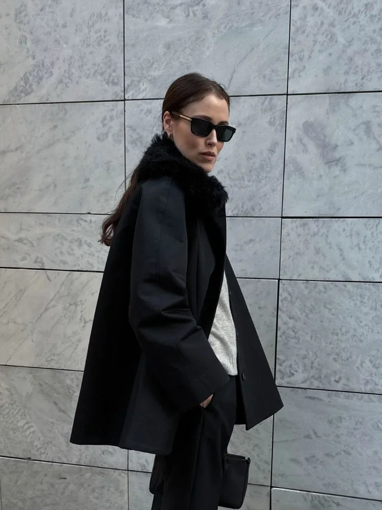 Black Fur Flip Collar Classic Full Sleeve Woman Jacket Elegant Solid Color Single Breasted Coat 2024 Lady Fall Streetwear 241115