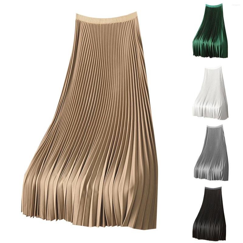CNLONGBIDA Skirts Summer Long Dress Elegant Korean Office Ladies Skirt Plus Size Vintage Pleated Women Solid High Waist A-Line