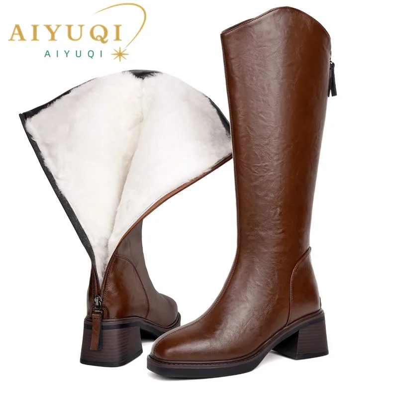 Women Winter Boots Genuine Leather Natural Wool Warm Female Knight Boots Square Toe Back Zipper Western Cowboy Boots Women