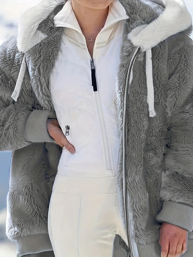 Womens Jacket Plush Zipper Pocket Hooded Long Sleeve Solid Fur Casual Loose Warm Winter Ladies Coats 2024 Fashion Thick Clothes 241115