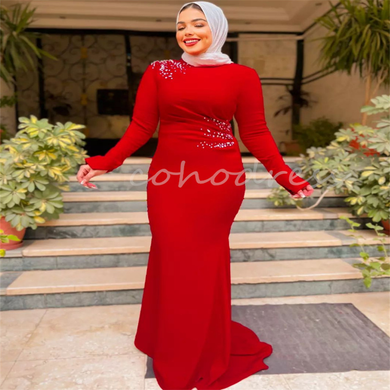 Red Arabia Evening Dresses With Beaded Long Sleeve Mermaid Satin Prom Dress Elegant Engagement Formal Occasion Party Gowns Second Party Reception Dres