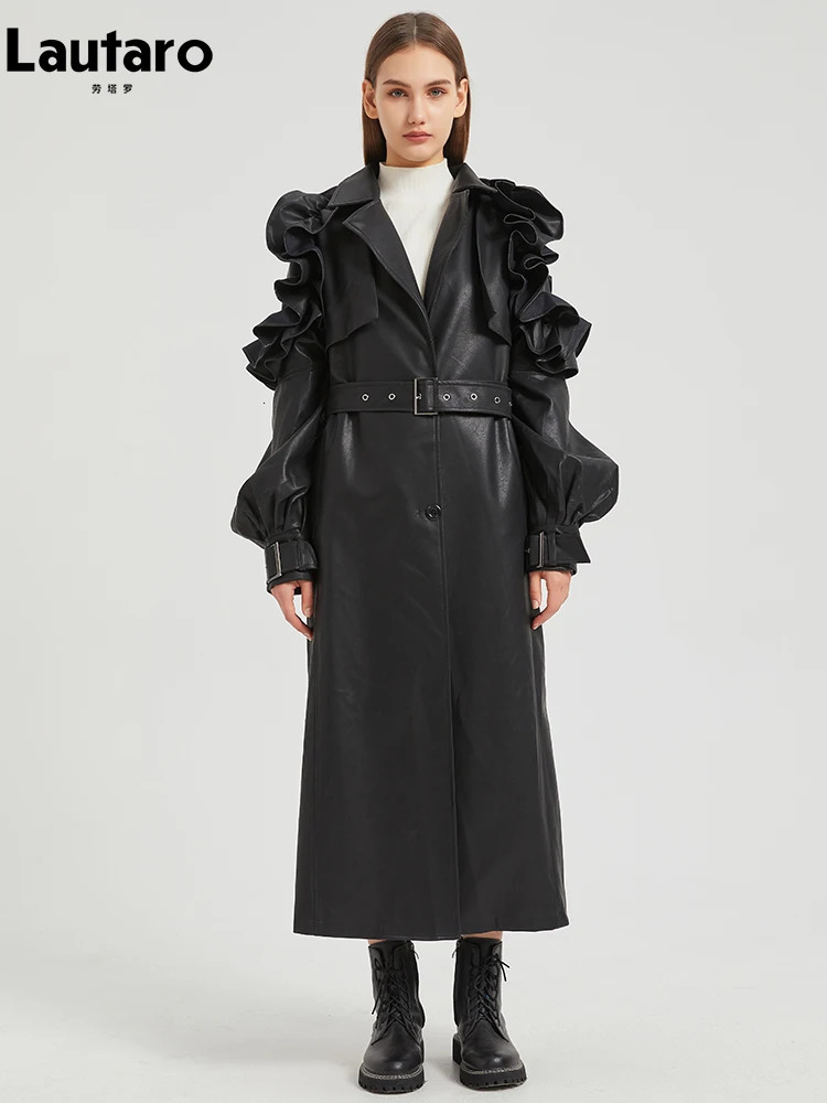 Lautaro Spring Autumn Long Ruffled Soft Pu Leather Trench Coat for Women Belt Elegant Clothes Runway Fashion 241115