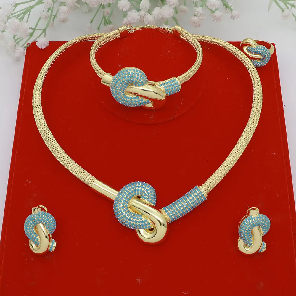 Womens jewelry set Italian gold-plated original copper necklace with CZ bow pendant earrings wedding jewelry 241115