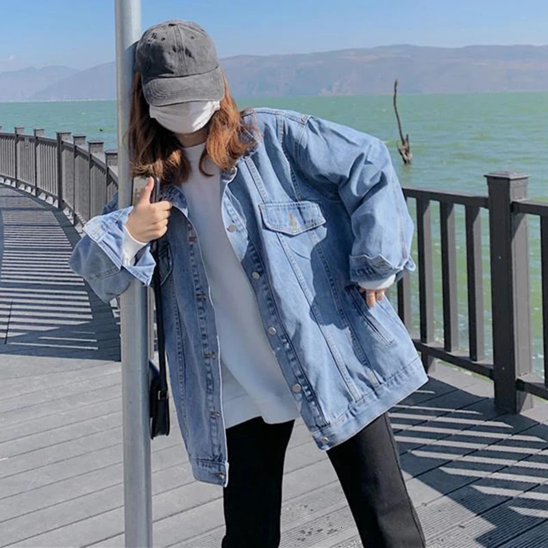 Spring autumn black denim jacket for women Korean simple loose jeans for women fashion button up long sleeved jacket 241115