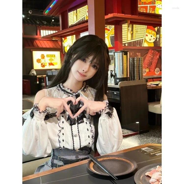 Off Shoulder Lace Long Sleeve Bow Top & Ruched Skirt Set - Sweet Lolita Y2k Style Women's Work Dress For Early Autumn