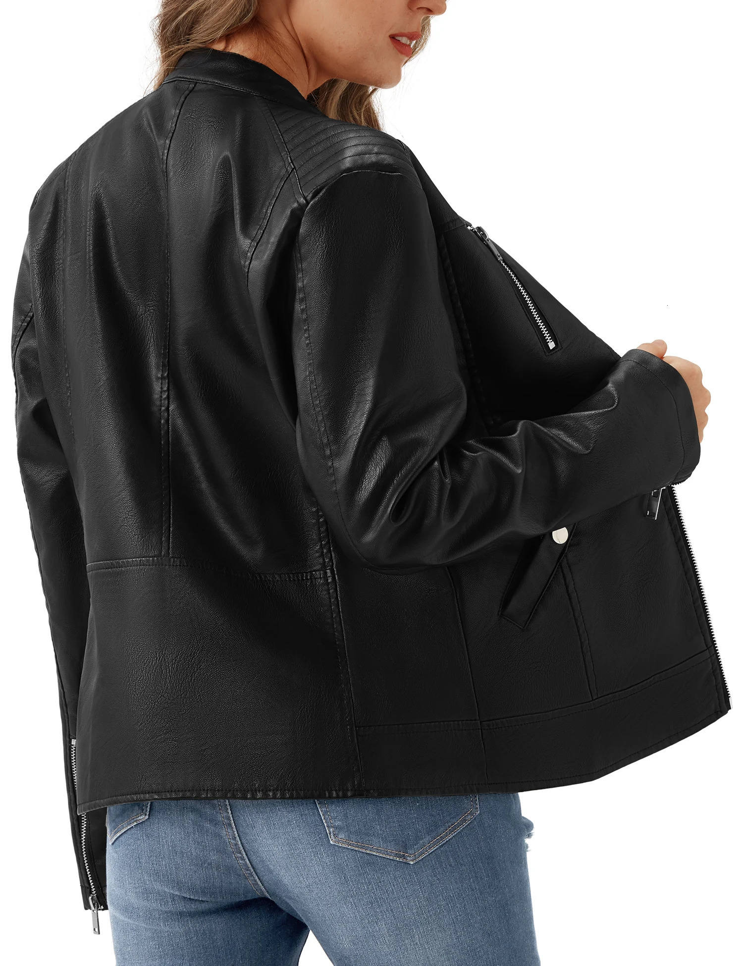 UR Womens Faux Leather Jacket Black Motorcycle Moto Biker Short Coat 241115