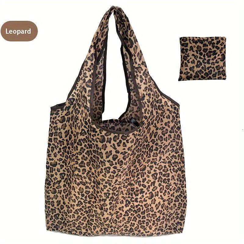 Leopard Print Large Capacity Foldable Tote - High-Quality Polyester, Reusable Grocery Shopping Bag with 44.09LB Capacity, Perfect for Clothes Storage,