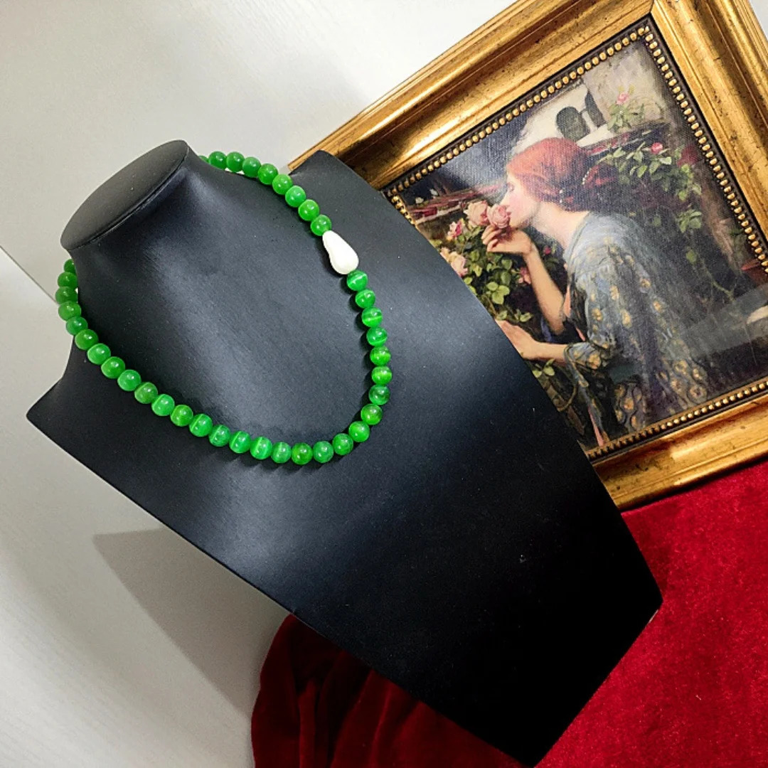 Vintage Medium Green Opal Baroque Jadeite Brooch Necklace Bracelet Flower Earring Set 241115