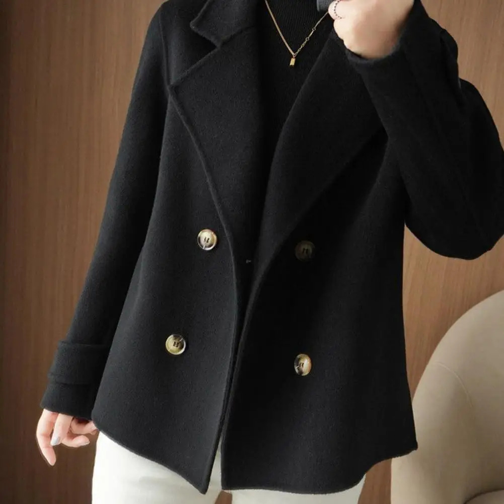 Fall Winter Women Woolen Coat Doublebreasted Lapel Long Sleeve Loose Thickened Warm Formal Business Style OL Commute Jacket 241108
