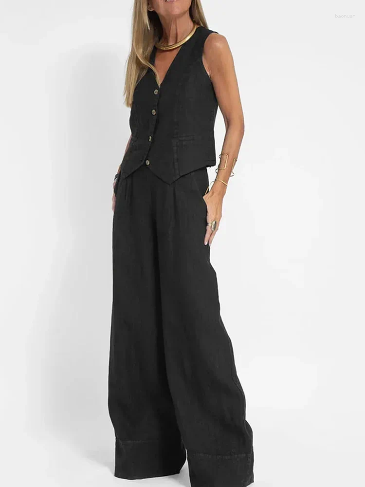 Women's Two Piece Pants Vintage Office Lady Elegant Pant Sets Casual Women 2 Sleeveless V Neck Vest High Waist Wide Leg Suit