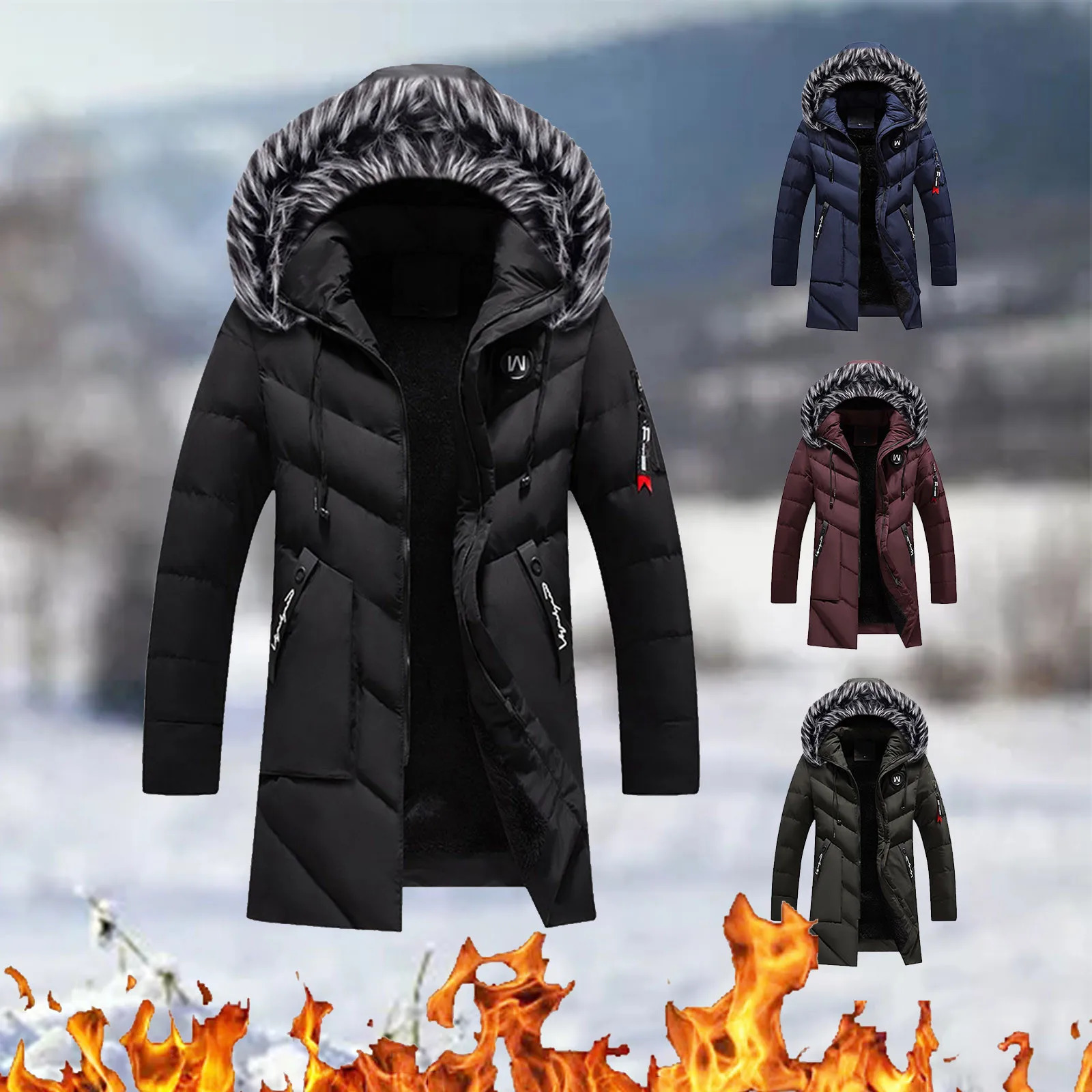 Mens Windbreaker Thick Fleece Winter Jacket Fashion Fur Hooded Warm Parka Male Solid Outwear Coats Plus Size 241115