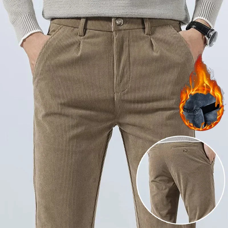 Mens elastic Corduroy solid casual pants a fashionable paradigm highquality Trouser plush warm winter selling mens 241115