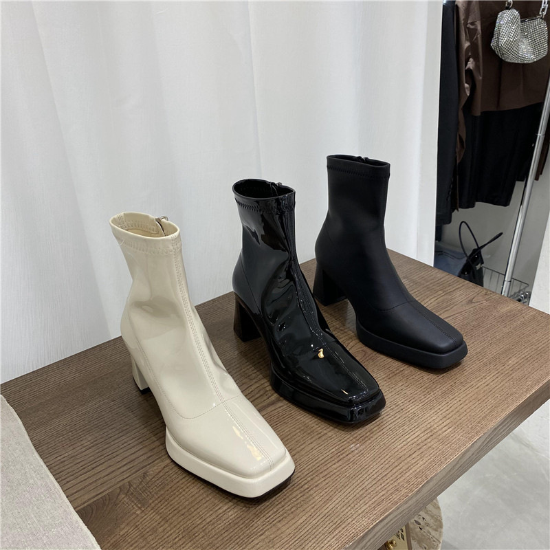 French Square Toe Thick Heel Zipper Short Boots.