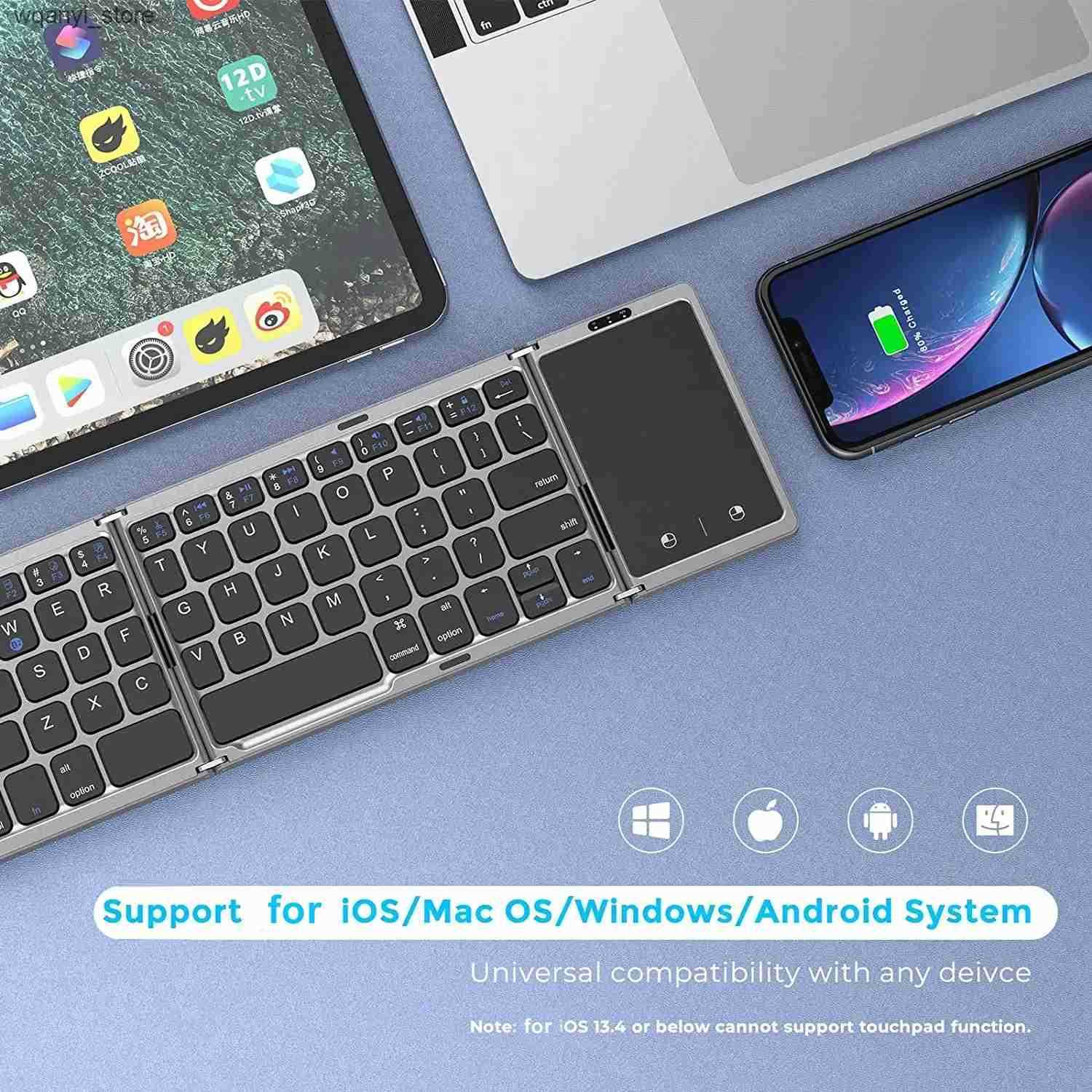 Keyboards 3-Folding keyboard Mini wireless keyboard Foldable dual Bluetooth keyboard with touchpad suitable for Windows Android iOS iPad phones L24091