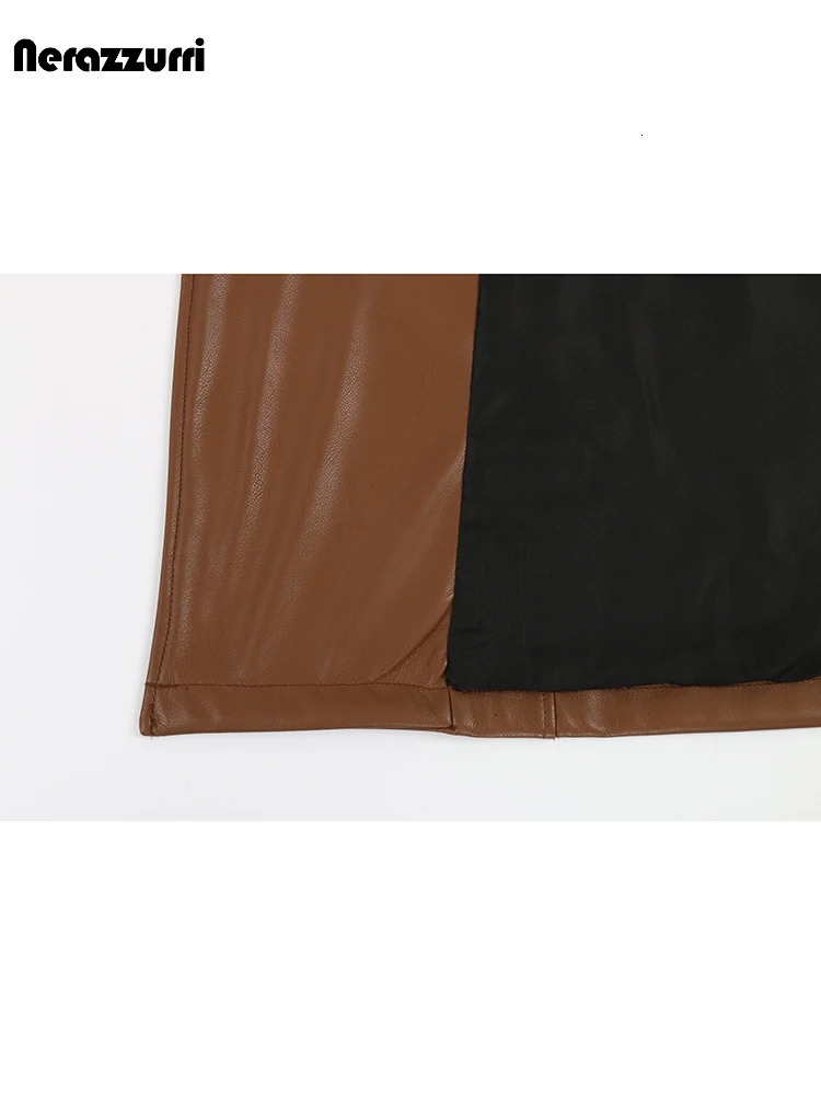 Nerazzurri Autumn Long Waterproof Brown Black Pu Leather Trench Coat for Women Sashes Double Breasted Elegant Clothes 241115