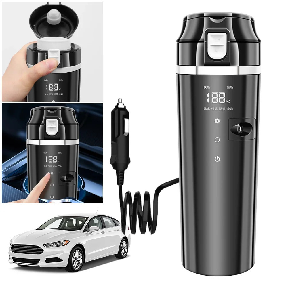 12V24V Car Heating Cup Digital LCD Display Electric Kettle Stainless Steel Heated Smart Mug 500ML Coffee Milk 241115