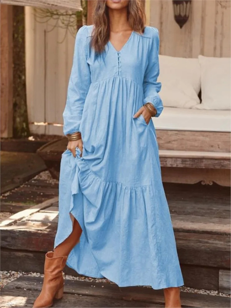 Cotton Linen Women Long Dress Loose Fashion VNeck Casual Solid Sleeve ALine Sexy Dresses Elegant Ruffles Vestido 240415
