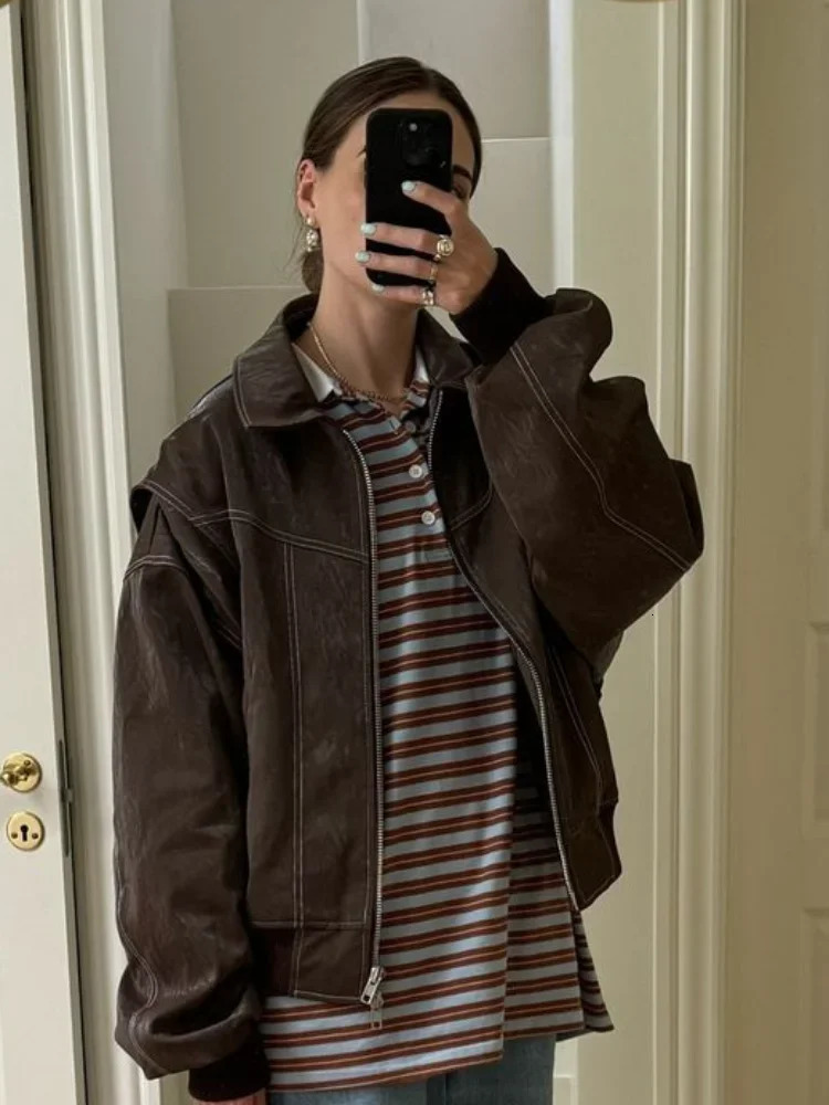 Vintage Contrast Stitch Lapel Long Sleeve Jacket Loose Solid Zipper Pu Leather 2024 Female Autumn High Streetwear 241115