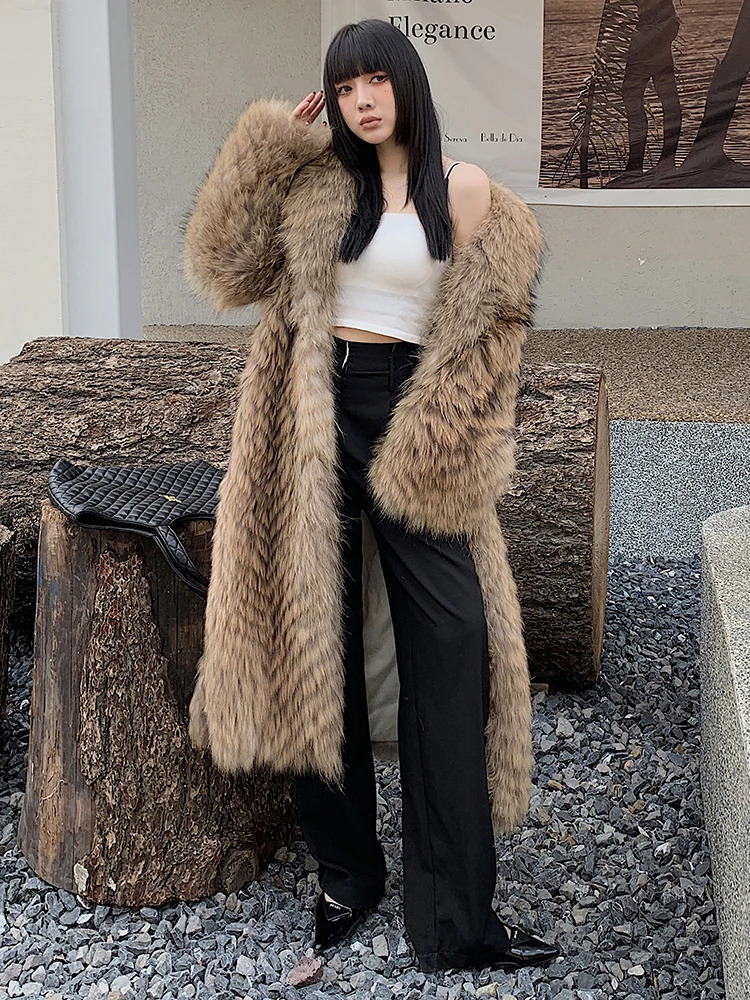 Clothes Winter Imported Raccoon Fur Coat Womens XLong Natural Fluffy Jacket Ladies Fashion Streetwear 241115