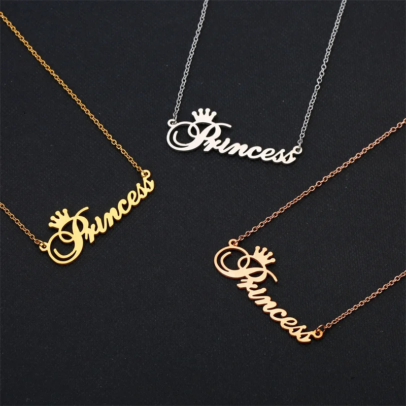 10PCS Cute Cursive Letter Crown Princess Necklace for Babygirls Script Dear Little Princess Stainless Steel Clavicle Choker for Women Female Girl Chai