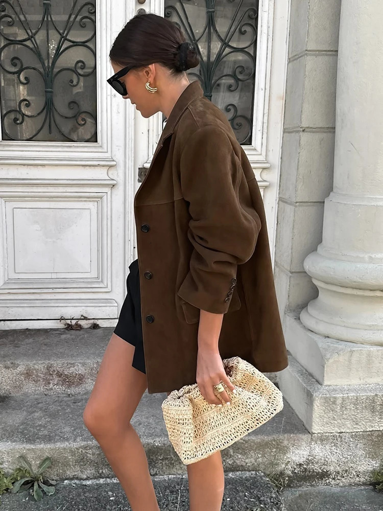 Vintage Women Loose Suede Jackets 2024 Fashion Ladies Oversize Brown Faux Leather Outfit for Female HighStreet Chic Clothes Cute 241115