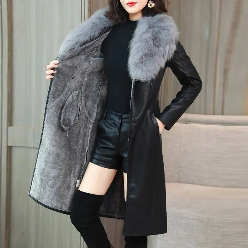 Winter Faux Fur Collar Leather Long Loose Coats Coat Female Jacket Parka Women Femme Rabbit Mink Sheepskin Fashion 241114