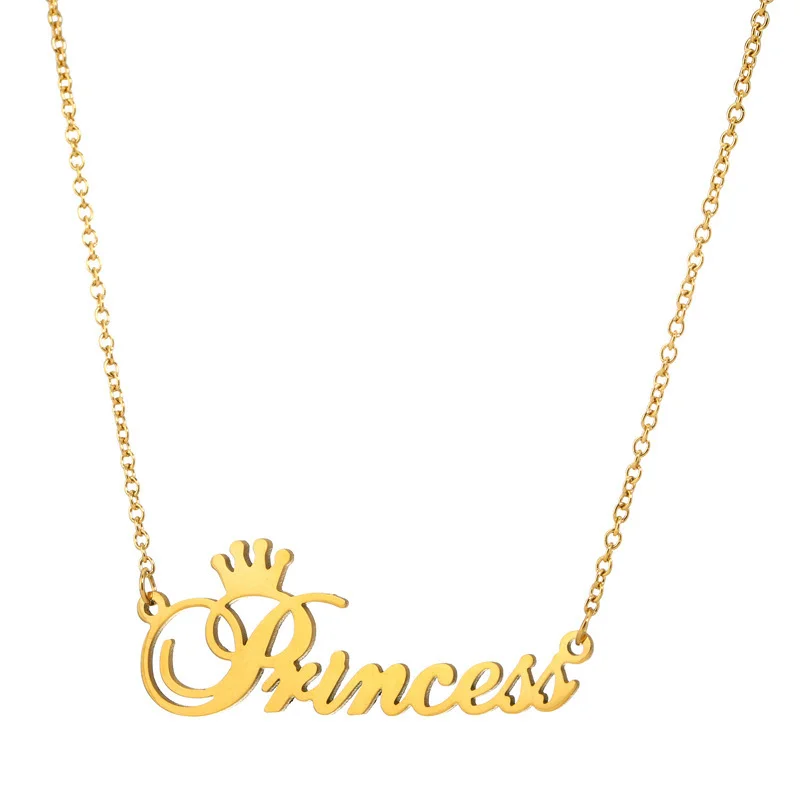 10PCS Cute Cursive Letter Crown Princess Necklace for Babygirls Script Dear Little Princess Stainless Steel Clavicle Choker for Women Female Girl Chai
