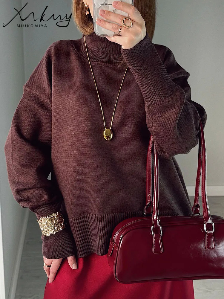 Autumn and winter womens turtle neck sweater warm pull style thick and oversized black knitted camel top sweater 241115