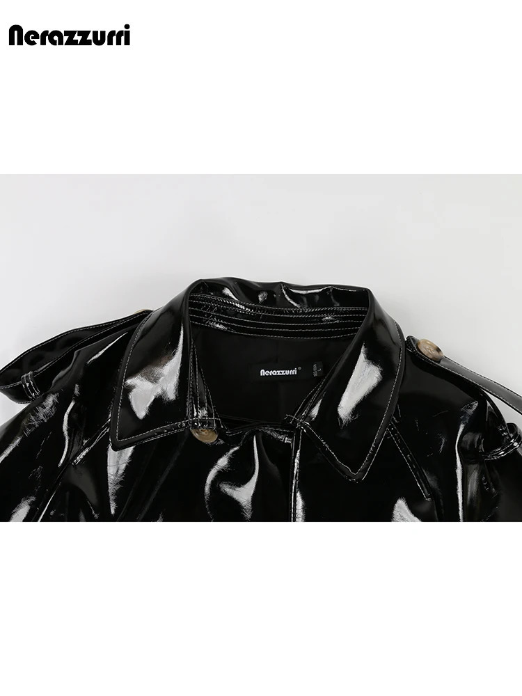 Nerazzurri Autumn Long Shiny Black Red Patent Pu Leather Trench Coat for Women Belt Double Breasted Clothes 2023 241115