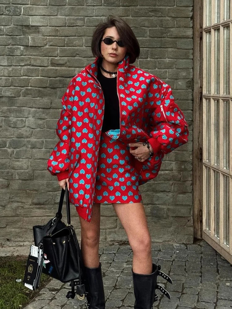 Fashion Love Printed Womens Ski Set Y2K Large Vertical Collar Cotton Thick Zipper Pocket Jacket Mini Ski Set 2-piece Set 241112