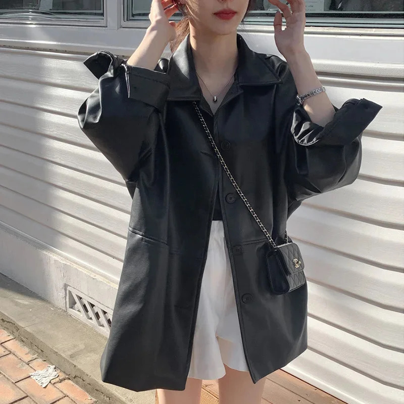 Korean Pu Leather Soft Black Jackets Long Sleeve Waterproof Coats Streetwear Retro Oversized Turn Down Collar Suits For Women 241115