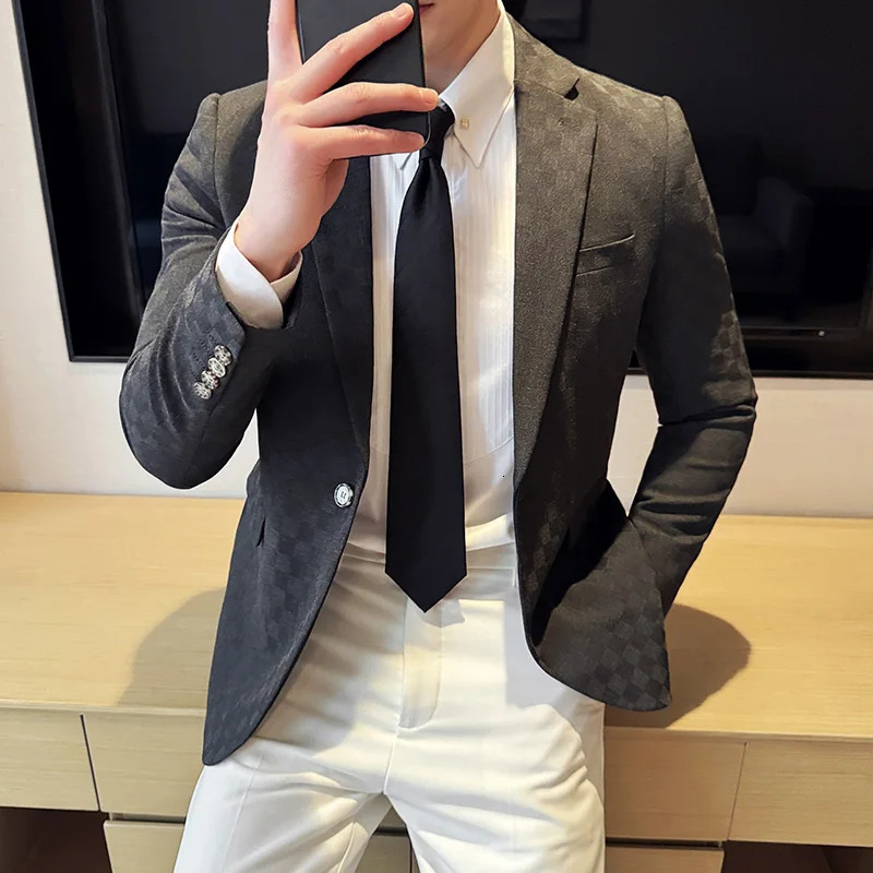 Spring Checkered Jacket Mens Single Chest Casual Business Set Jacket Fashion Ultra Thin Social Banquet Wedding Dress 241114