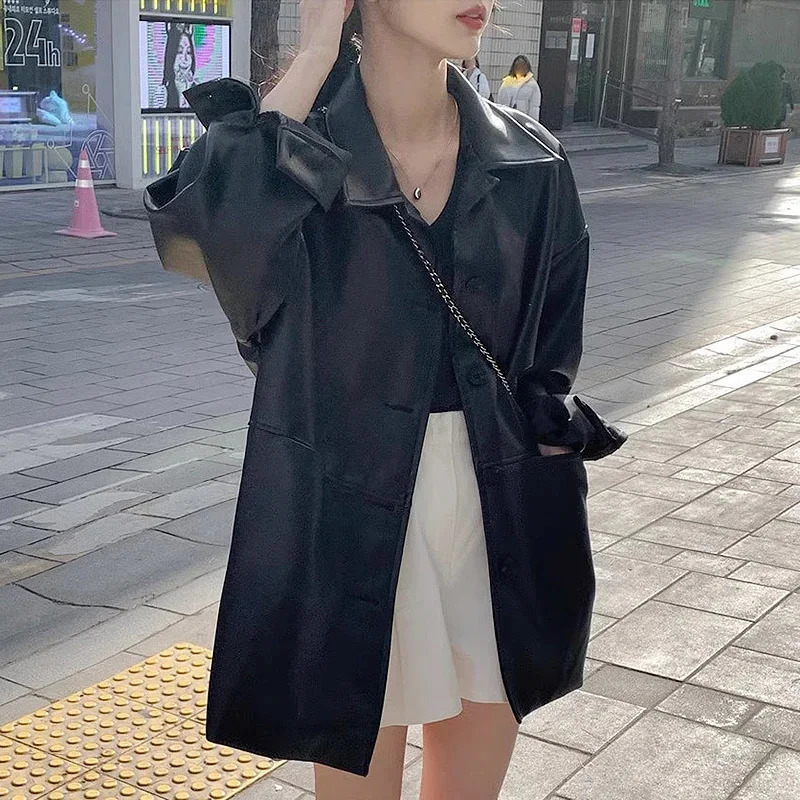Korean Pu Leather Soft Black Jackets Long Sleeve Waterproof Coats Streetwear Retro Oversized Turn Down Collar Suits For Women 241115