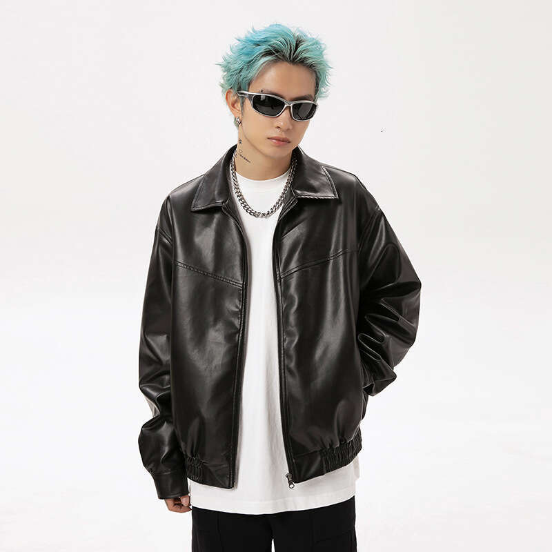 American Black Leather For Both Men And Women, Autumn New Product, Trendy Brand, Couple, High Street, Two-Fold Jacket