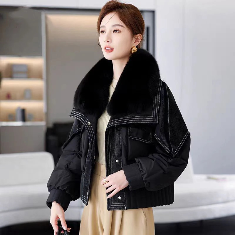 Womens Winter Down Jacket Sheepskin Fabric Fur VNeck Rabbit Lining Coat Women Warm And Fashionable 241115