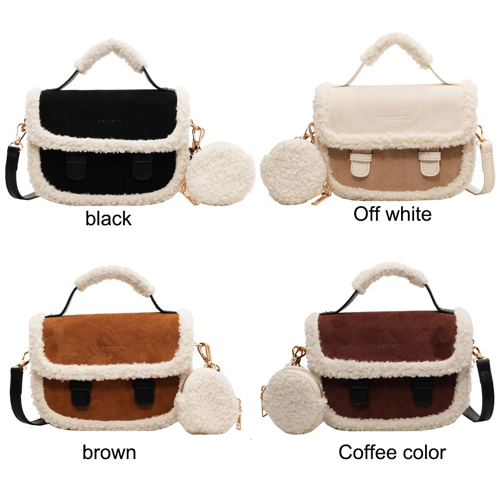 DHXJ Women Fashion Shoulder Vintage Fluffy Satchel with Coin Purse Pouch Top Handle Bag for Autumn and Winter 241115