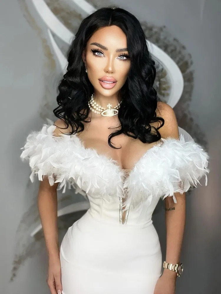 Summer Fashion Women Sexy Off Shoulder Feather Black White Pink Midi Bodycon Bandage Dress Elegant Evening Club Party 240415
